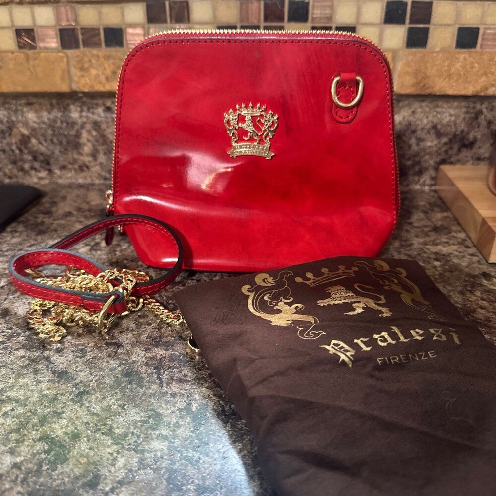pratesi firenze Italian small red Leather dome Crossbody Gold Chain Strap Purse
